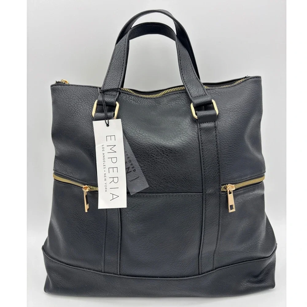 EMPERIA LOS ANGELES Black Vegan Leather Handbag NEW Bag Backpack Satchel Large